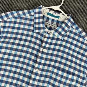 Tommy Bahama Shirt Mens Large Blue White Check Short Sleeve Button Up Linen
